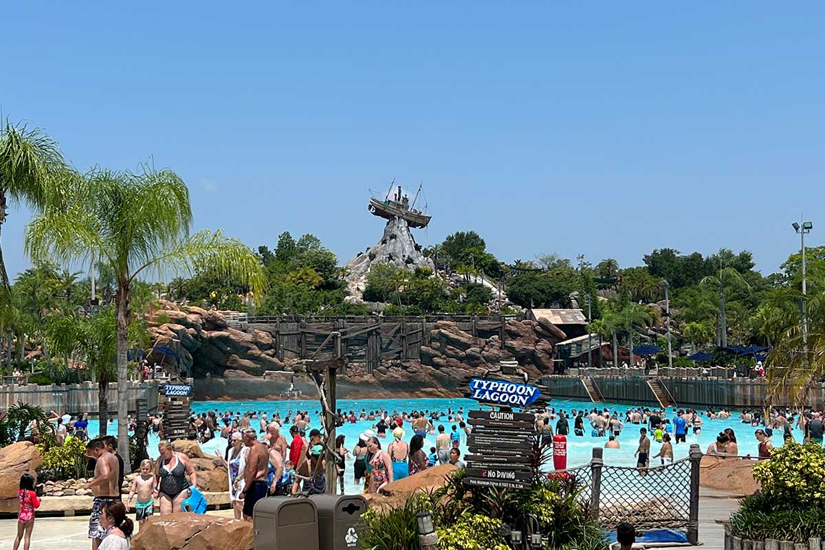 Front Facing View of Typhoon Lagoon Wave pool Surf pool at Universal Orlando.
