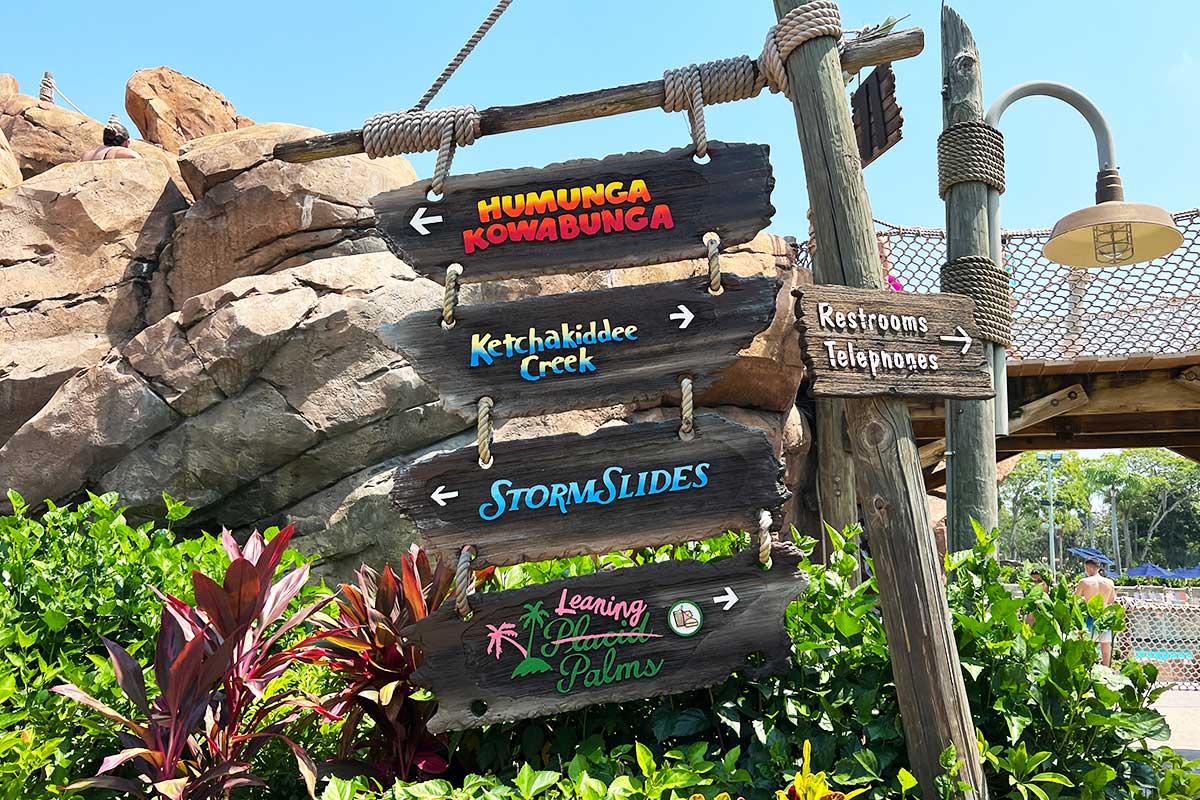 Signs for the Rides Water slides at Typhoon Lagoon water park at Walt Disney.