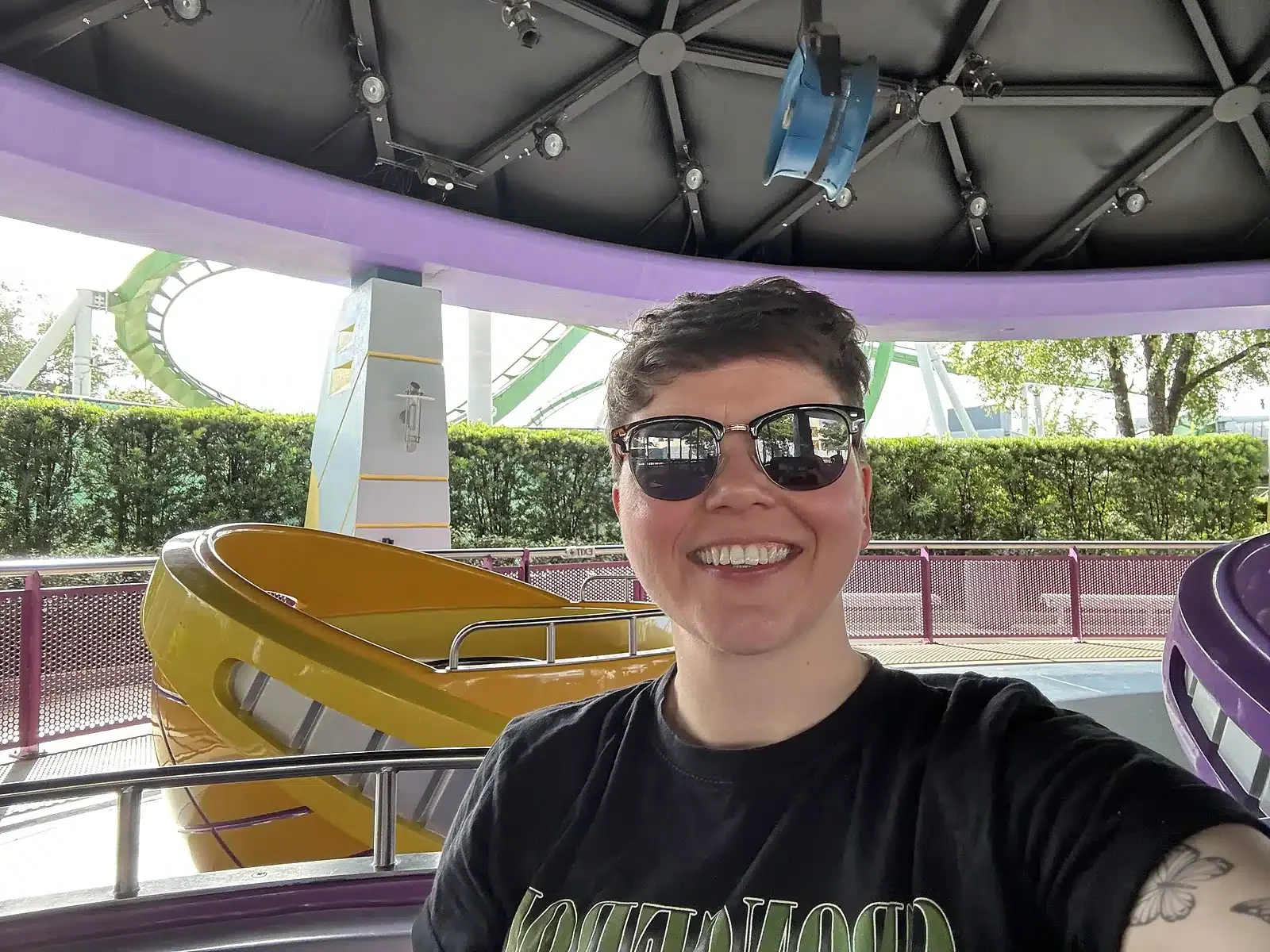 Cora riding Storm Force Accelatron at Islands of Adventure, Universal Orlando.