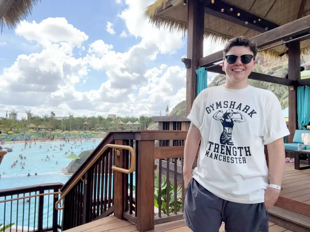 Cora at a cabana at Volcano Bay, May 2026