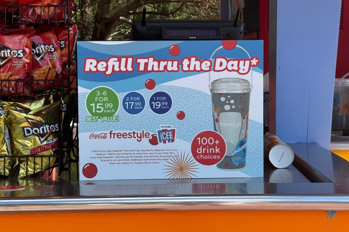 In-park sign showing 2026 Coca-Cola Freestyle refillable cup prices at Universal Orlando Resort