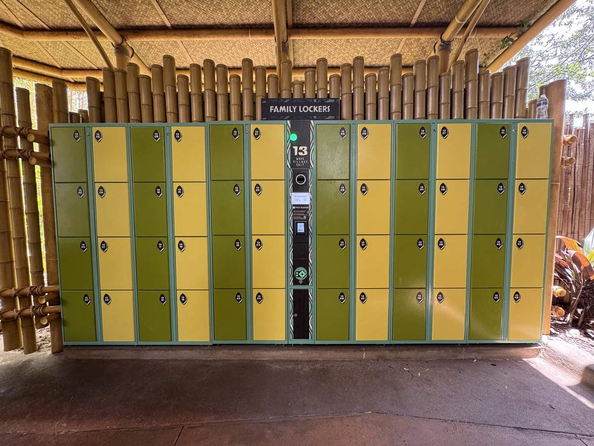 Family Lockers sign above a bank of family-sized lockers at Volcano Bay, Universal Orlando Resort