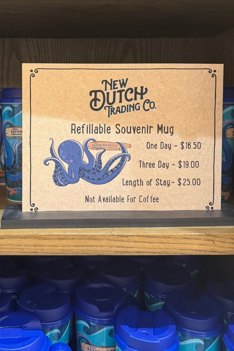 Refillable resort souvenir mug at New Dutch Trading Co. in Loews Sapphire Falls Resort, Universal Orlando