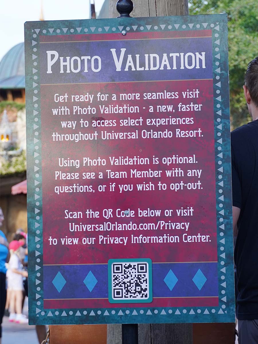 Photo Validation Entry into Universal Orlando Theme Parks sign for Re Entry tickets Visiting.