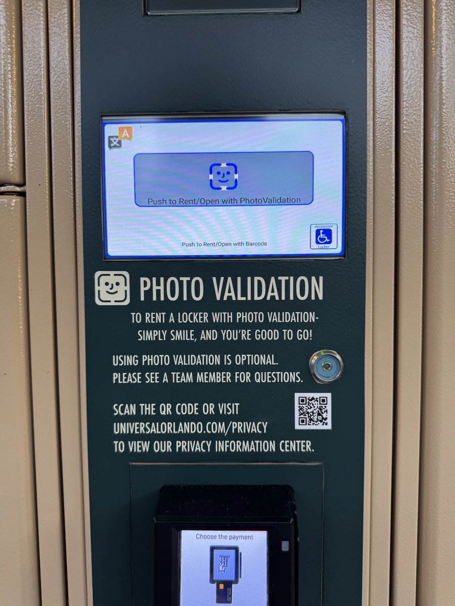 Photo Validation kiosk terminal at Epic Universe with signage explaining the optional facial-recognition locker rental process