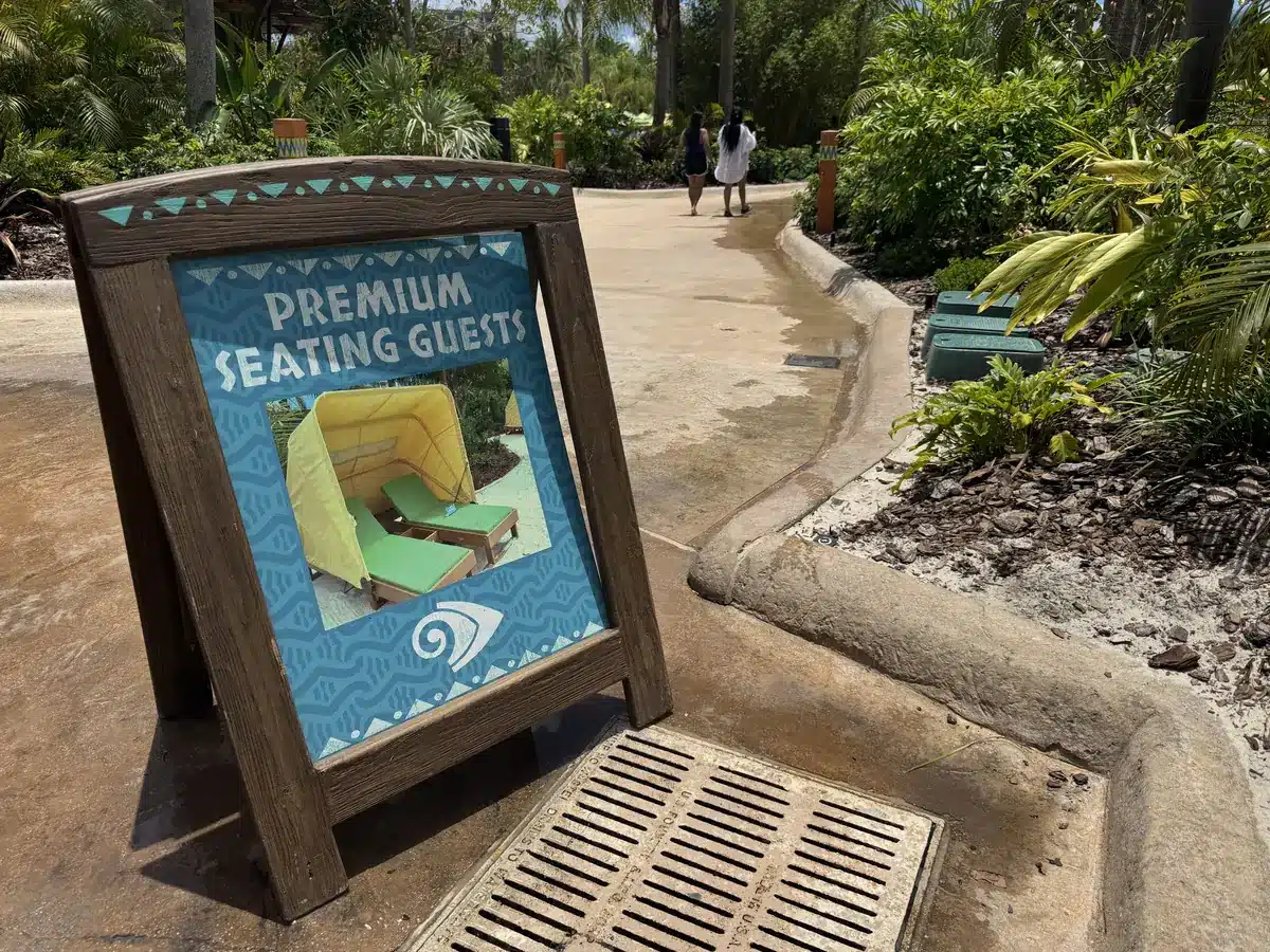 Premium Seating sign at Volcano Bay, May 2026
