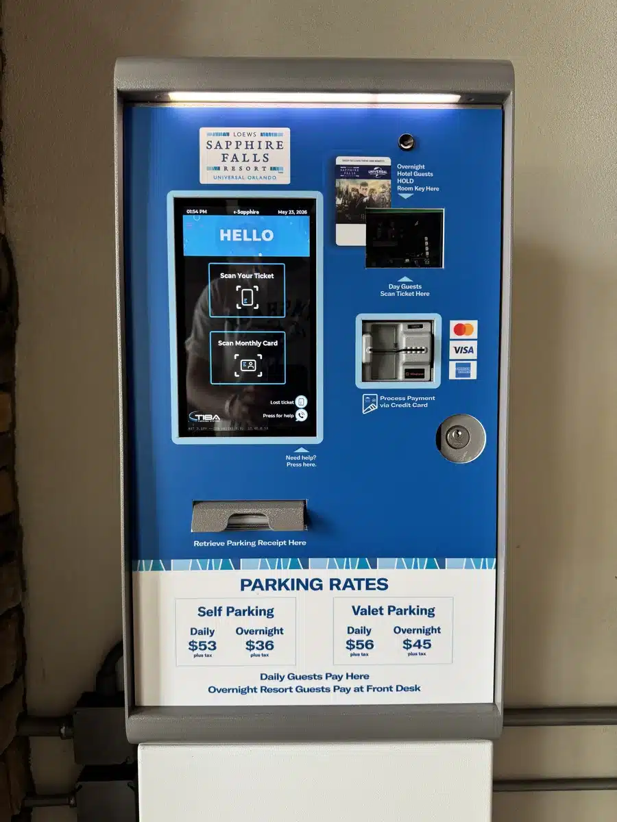 Loews Sapphire Falls Resort parking rates pay station showing $36 overnight self-parking and $45 overnight valet, May 2026