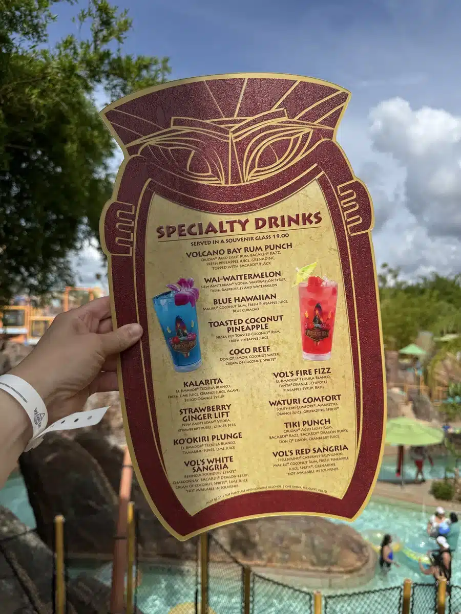 Specialty drinks menu at the cabana at Volcano Bay, May 2026