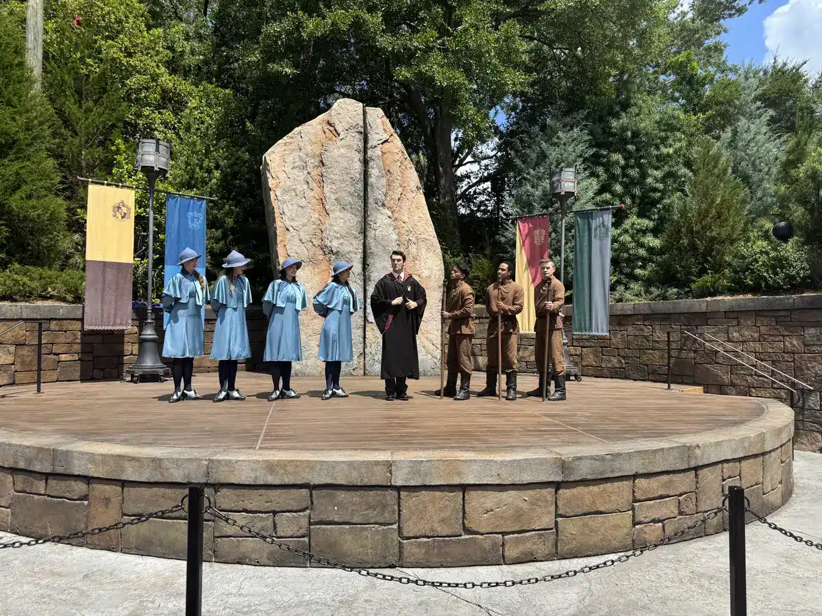 Triwizard Spirit Rally show with Beauxbatons and Durmstrang performers at Hogsmeade in the Wizarding World of Harry Potter at Islands of Adventure.