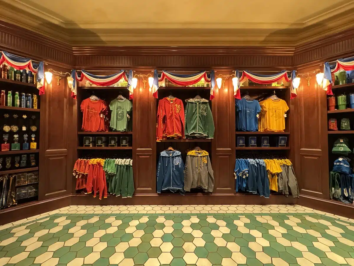 Hogwarts house Quidditch jerseys and tees on display at Les Galeries Mirifiques Wizarding World of Harry Potter Epic Universe.