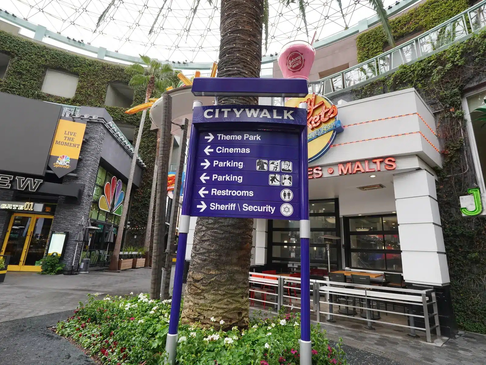 CityWalk directory sign pointing to the theme park, cinemas and parking at Universal Studios Hollywood