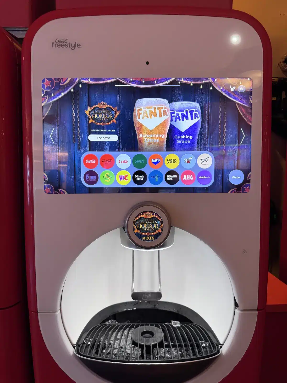 Coca-Cola Freestyle machine in Springfield at Universal Studios Hollywood showing the Halloween Horror Nights mixes screen