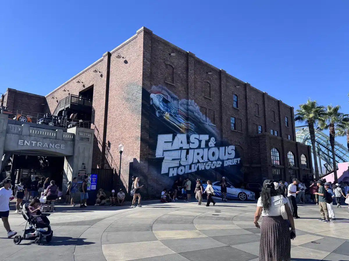 Fast & Furious: Hollywood Drift entrance and ride building on the Upper Lot at Universal Studios Hollywood