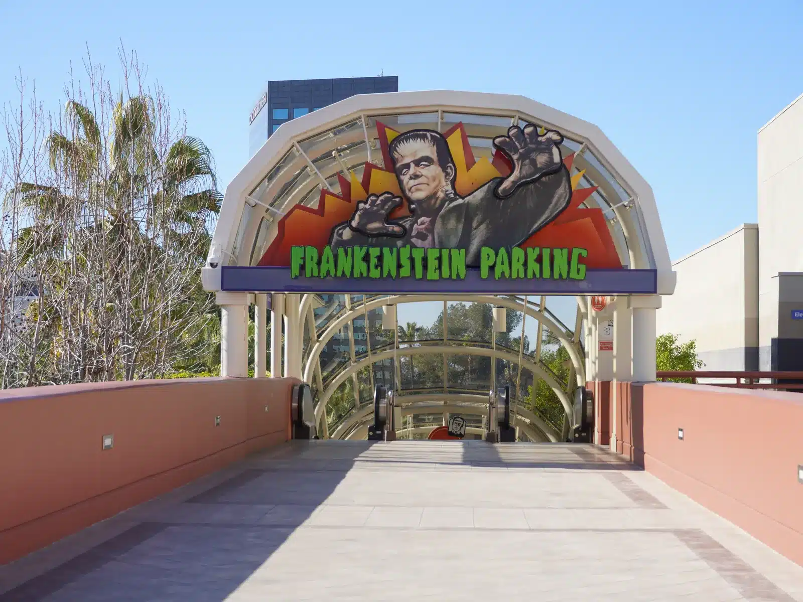 Frankenstein Parking walkway arch with the Frankenstein monster sign at Universal Studios Hollywood