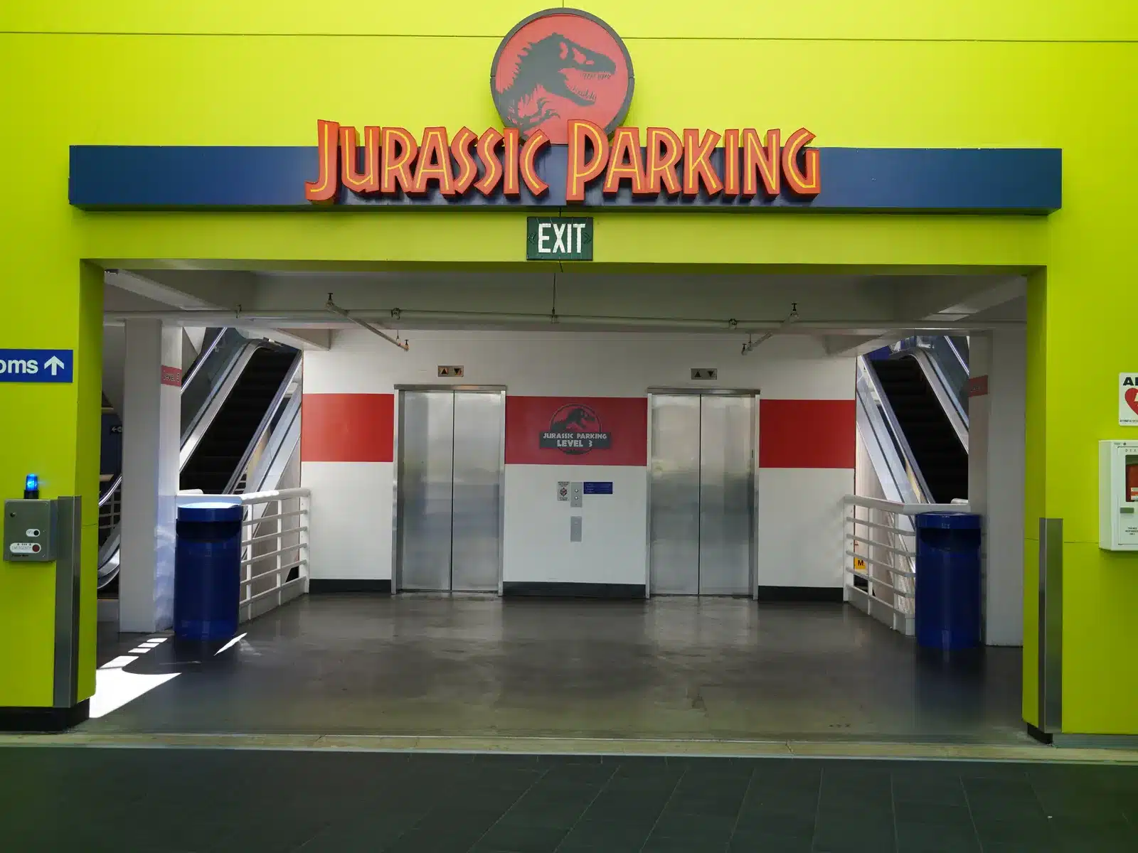 Jurassic Parking garage exit with lifts and escalators at Universal Studios Hollywood