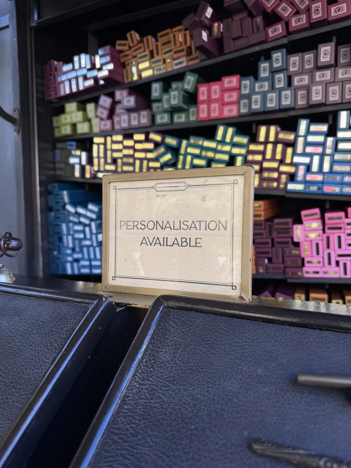 Personalisation available sign on the wand display at Ollivanders in Universal Studios Hollywood