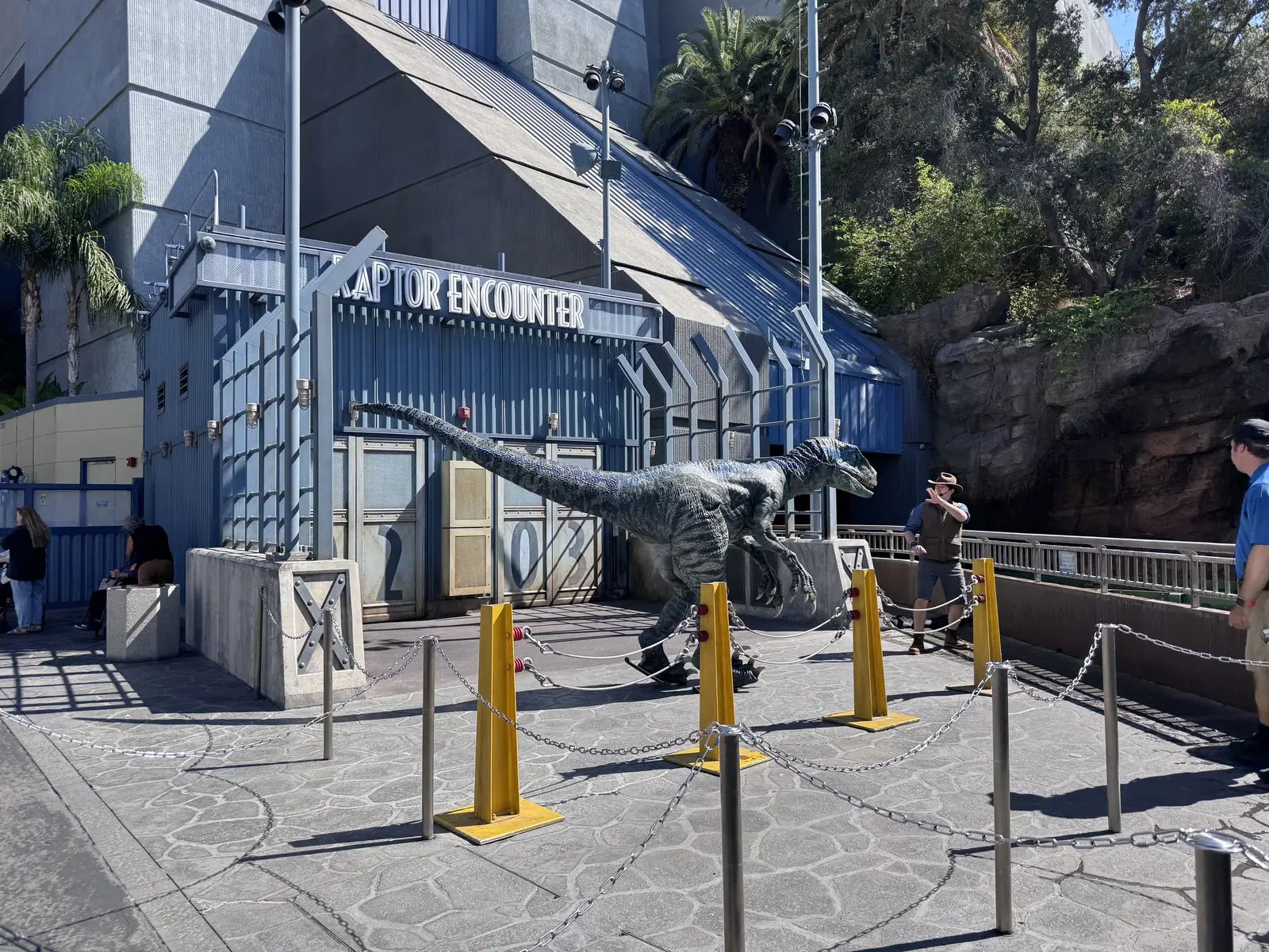 Velociraptor puppet meeting guests at the Raptor Encounter on the Lower Lot at Universal Studios Hollywood