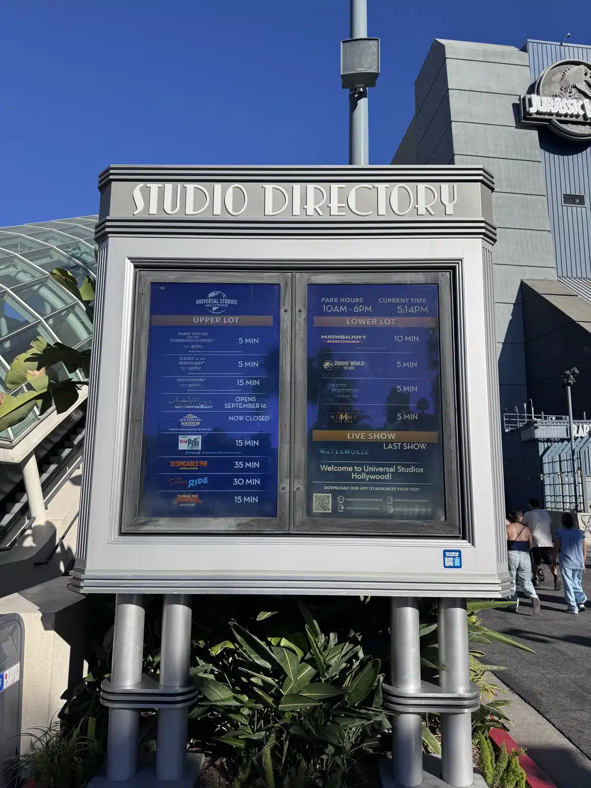 Studio Directory wait time board at Universal Studios Hollywood at 5:14pm on 1 September 2026