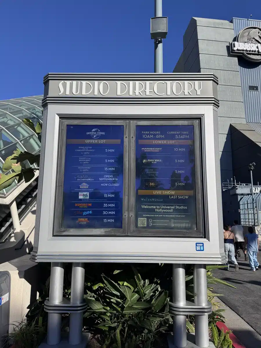 Studio Directory wait time board at Universal Studios Hollywood at 5:14pm on 1 September 2026